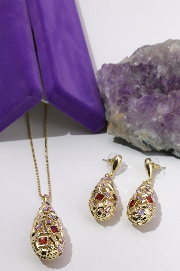  Schmuckset „Tropfenförmiges Modell aus rotem Stein“