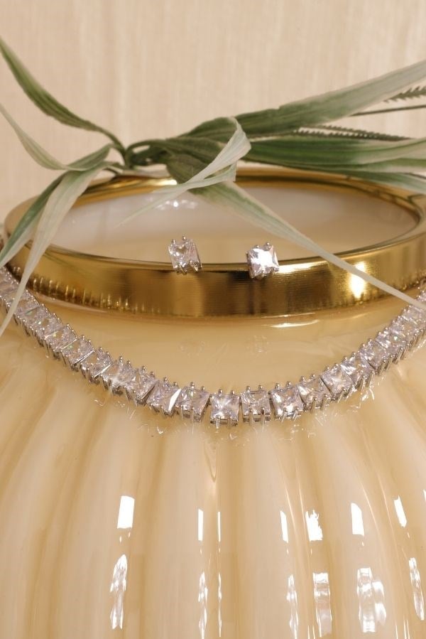 Kristal Kare Model Taşlı Takı Seti