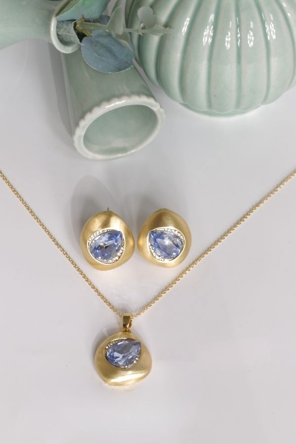 Özel Tasarım Gold Renk Mavi Swarovski Taş Takı Seti