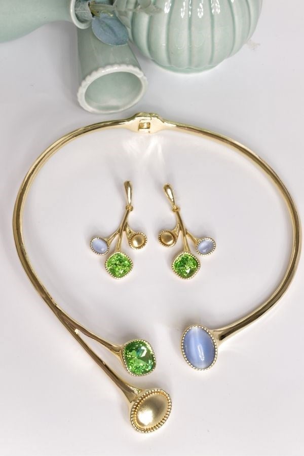 Özel Tasarım Gold Renk Swarovski Taş Mavi-Yeşil Renk Takı Seti