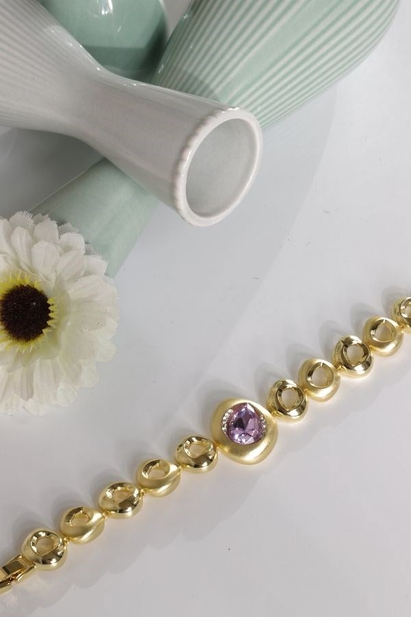Özel Tasarım Swarovski Mor Taş Gold Renk Bileklik