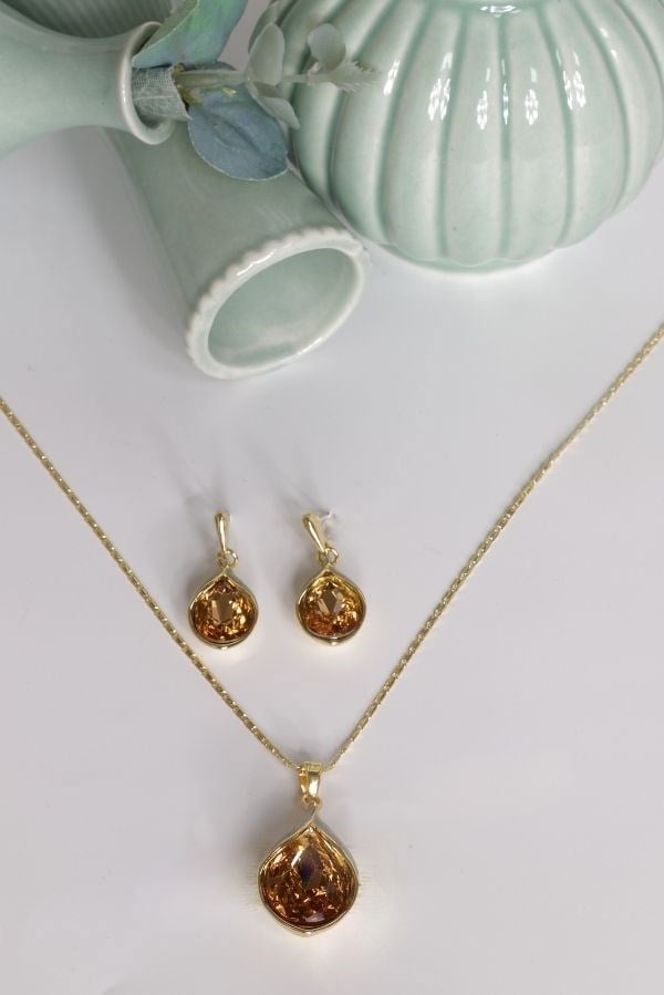 Özel Tasarım Swarovski Taş Gold Detay Kahverengi Renk Takı Seti