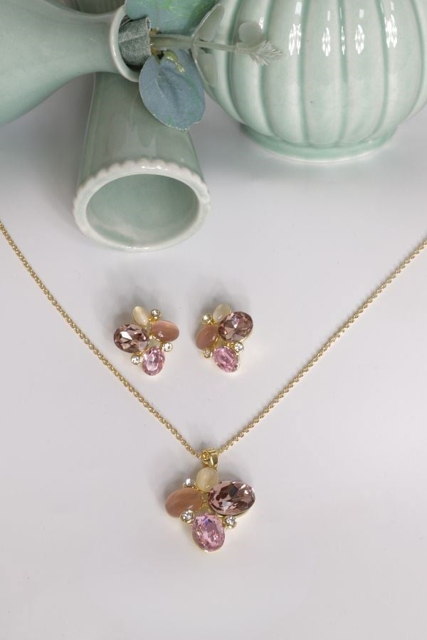 Özel Tasarım Swarovski Taş Pembe-Mor Renk Takı Seti