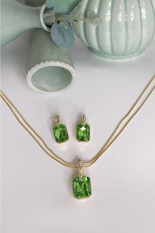 Özel Tasarım Swarovski Taş Yeşil Renk Takı Seti