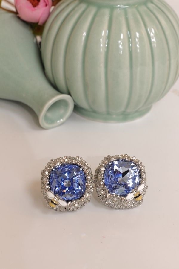 Tasarım Mavi Renk Swarovski Taş Küpe  