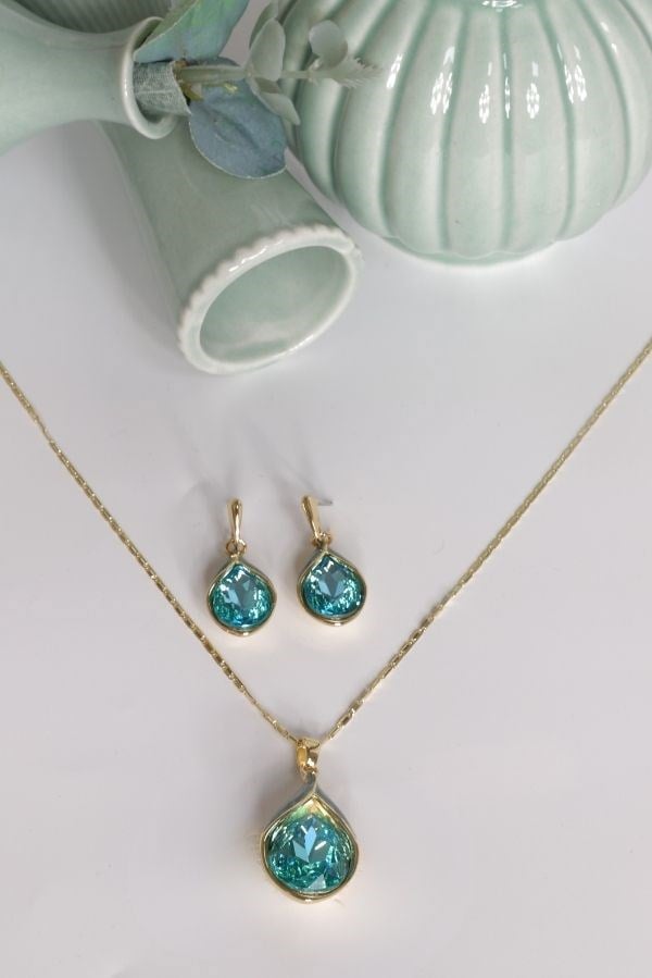 Tasarım Swarovski Taş Mavi Renk Takı Seti