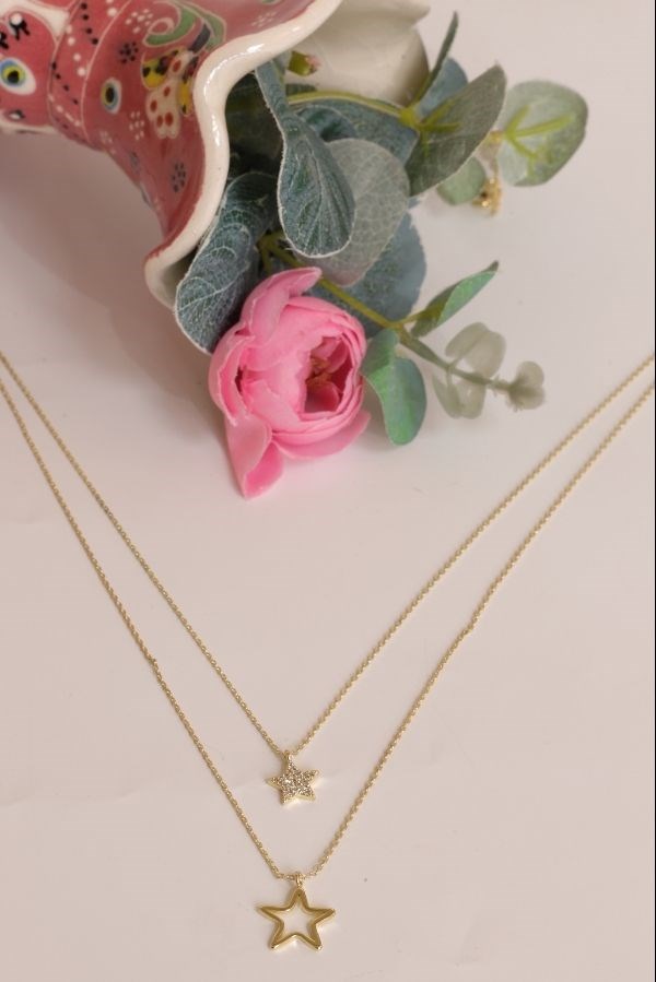 Trend Seri Gold Renk İkili Zincir Yıldız Model Kolye