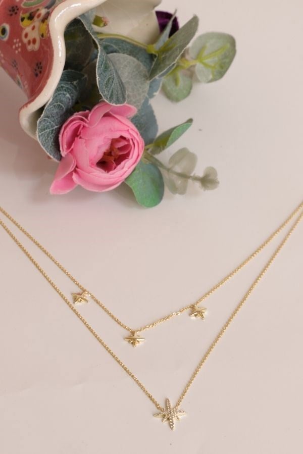 Trend Seri Gold Renk Taş Detay Kuzey Yıldızı Model İkili Zincir Kolye 