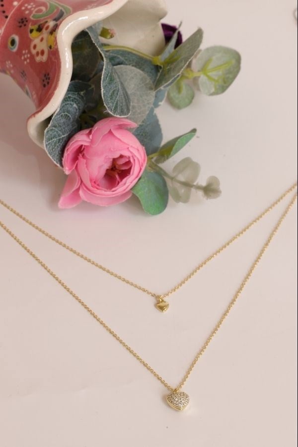 Trend Seri Gold Renk Taşlı Kalp Model Kolye 