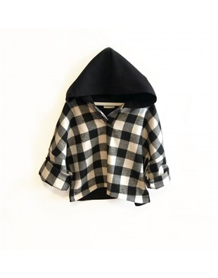 Siyah Beyaz Ekose Kaşe Kapüşonlu Sweat