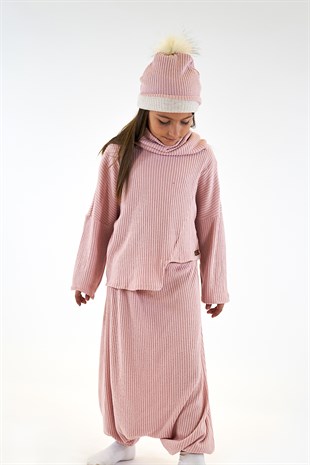 4 'lü Set Pembe Fitilli Penye Samuray Şalvar + Asimetrik Sweat + Bere + Boyunluk