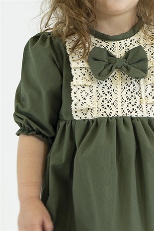 Haki Yeşili Keten Güpürlü Elbise + Toka