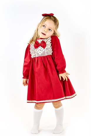 Kırmızı Gabardin Güpürlü Elbise + Toka