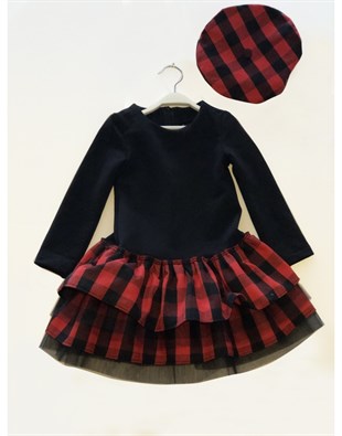 Kırmızı Siyah Ekose Tütü Elbise & Ressam Şapka