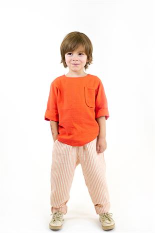 Turuncu Beyaz Çİzgili Müslin Carrot Pantolon + Turuncu Müslin Arkadan Düğmeli Cepli Gömlek