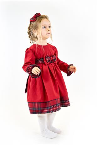 Yeniyıl Kırmızı Fiyonk Ekose Elbise + Toka