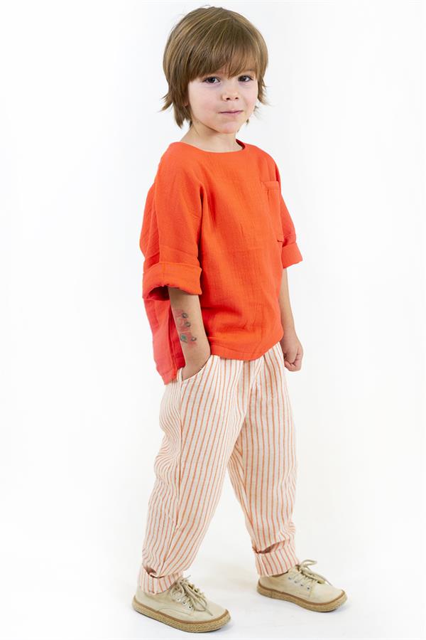 Turuncu Beyaz Çİzgili Müslin Carrot Pantolon + Turuncu Müslin Arkadan Düğmeli Cepli Gömlek