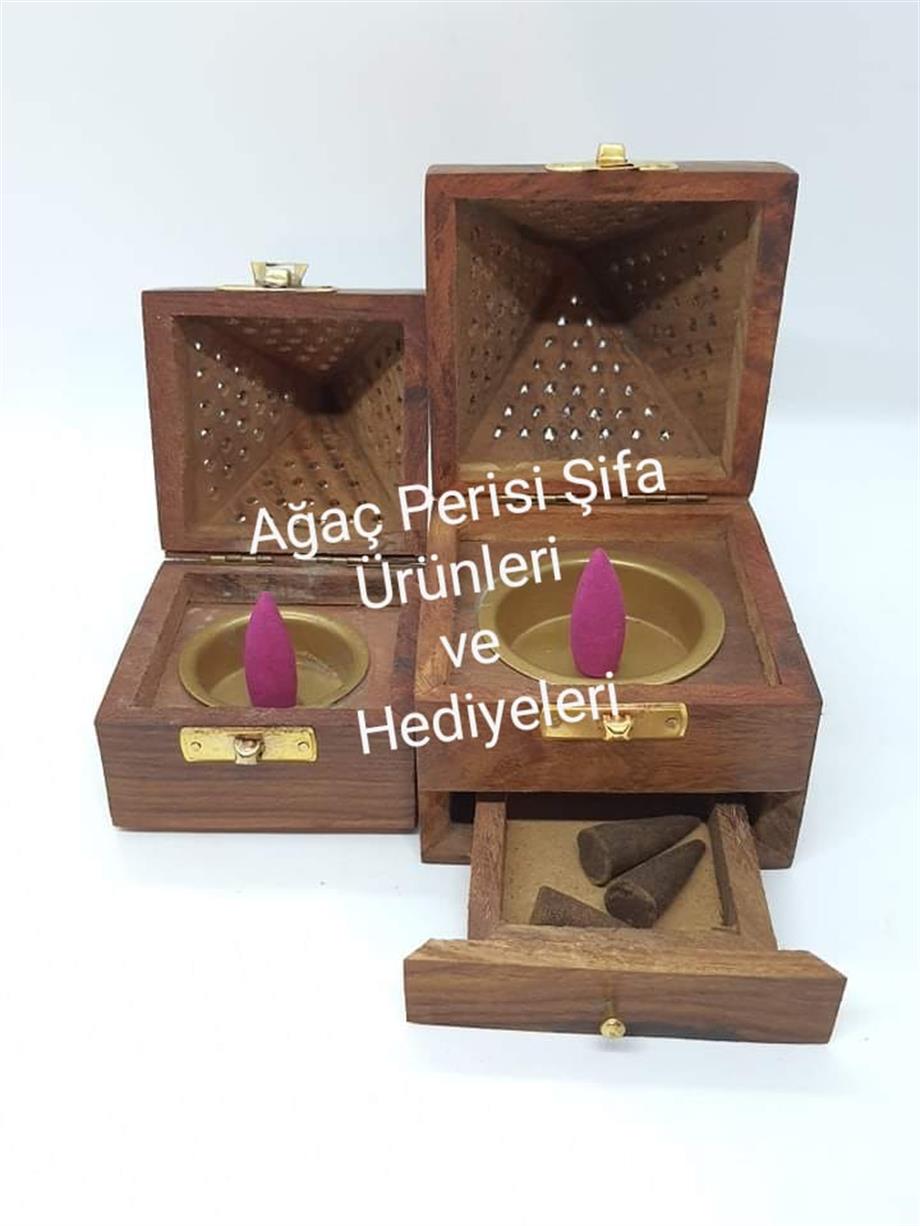 Ahşap Piramit Tütsülük-17 Cm Ve 20 Adet Negatif Enerji Arındırıcı Konik Tütsü 