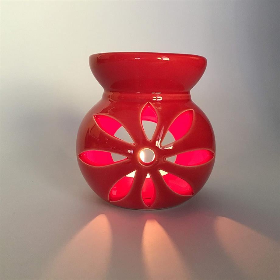 Kırmızı Aromaterapi Seramik Buhurdanlık  Lotus Çiçeği Desenli Seramik Buhurdanlık Tütsülük Mumluk Kırmızı