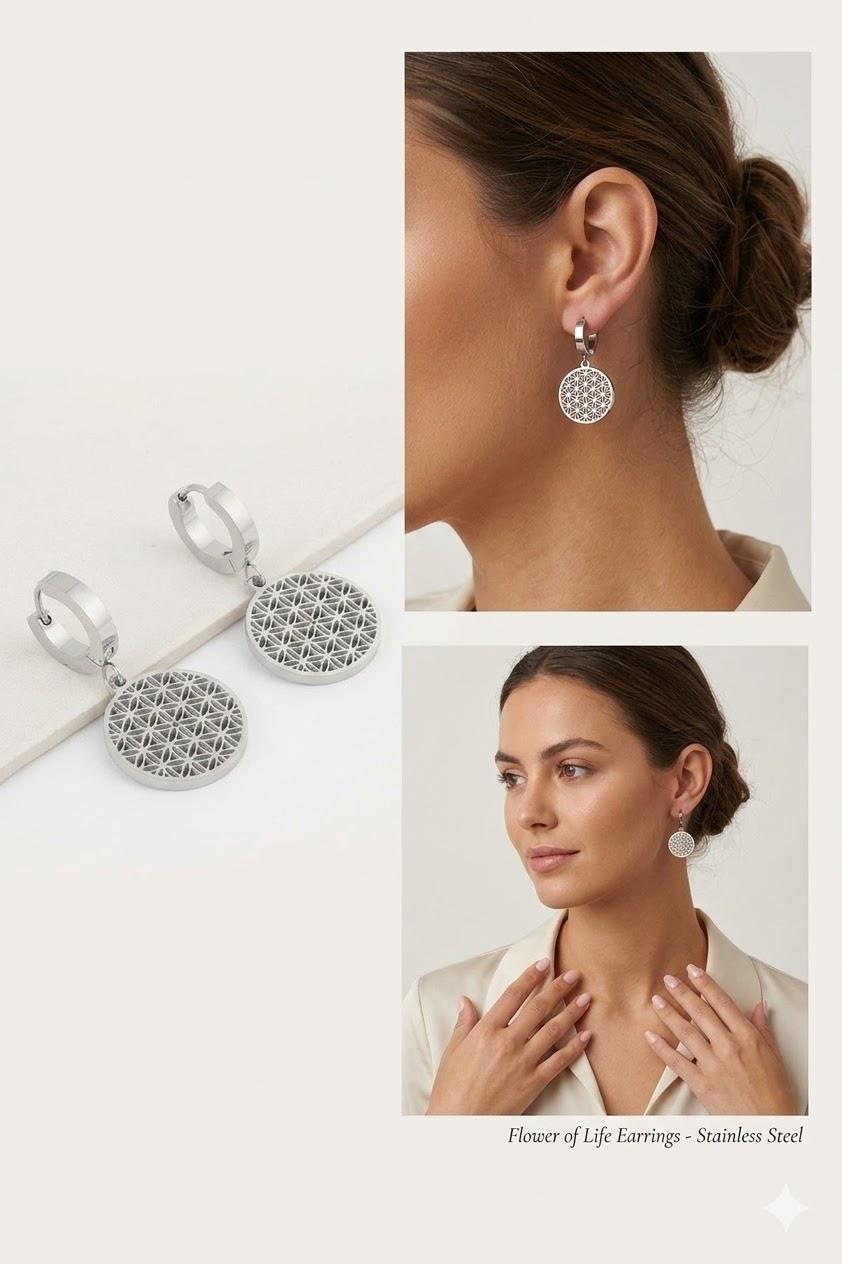 Yaşam Çiçeği Çelik Küpe - Gümüş