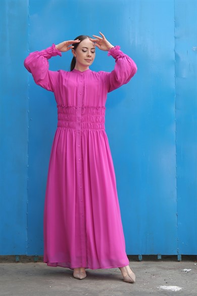 Hukka Kadın Fuşya Rengi Gipe Detaylı Uzun Elbise
