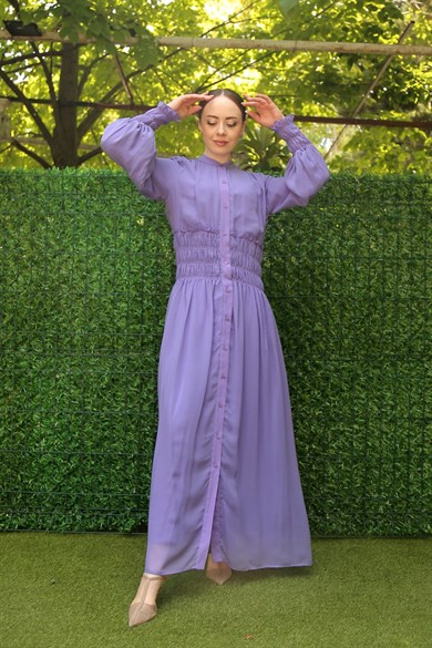 Hukka Kadın Lila Rengi Gipe Detaylı Uzun Elbise