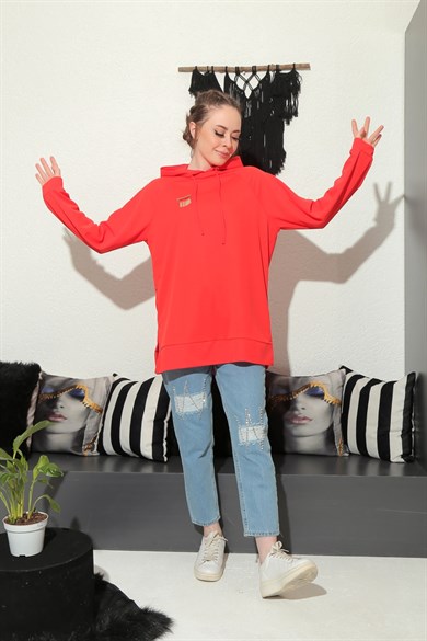 Pamuuq Kadın Orange Rengi Kapişonlu Basic Sweatshirt