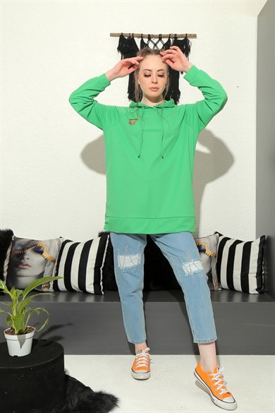 Pamuuq Kadın Yeşil Kapişonlu Basic Sweatshirt