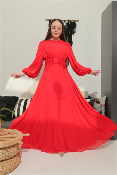 Soul of Moor Kadın Nar Rengi  Pileli Şifon Abiye Elbise
