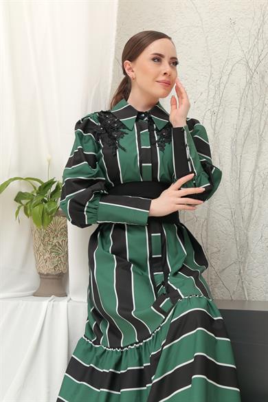 Moor Kadın Siyah-Yeşil Omuz Detaylı Şeritli Gömlek Elbise