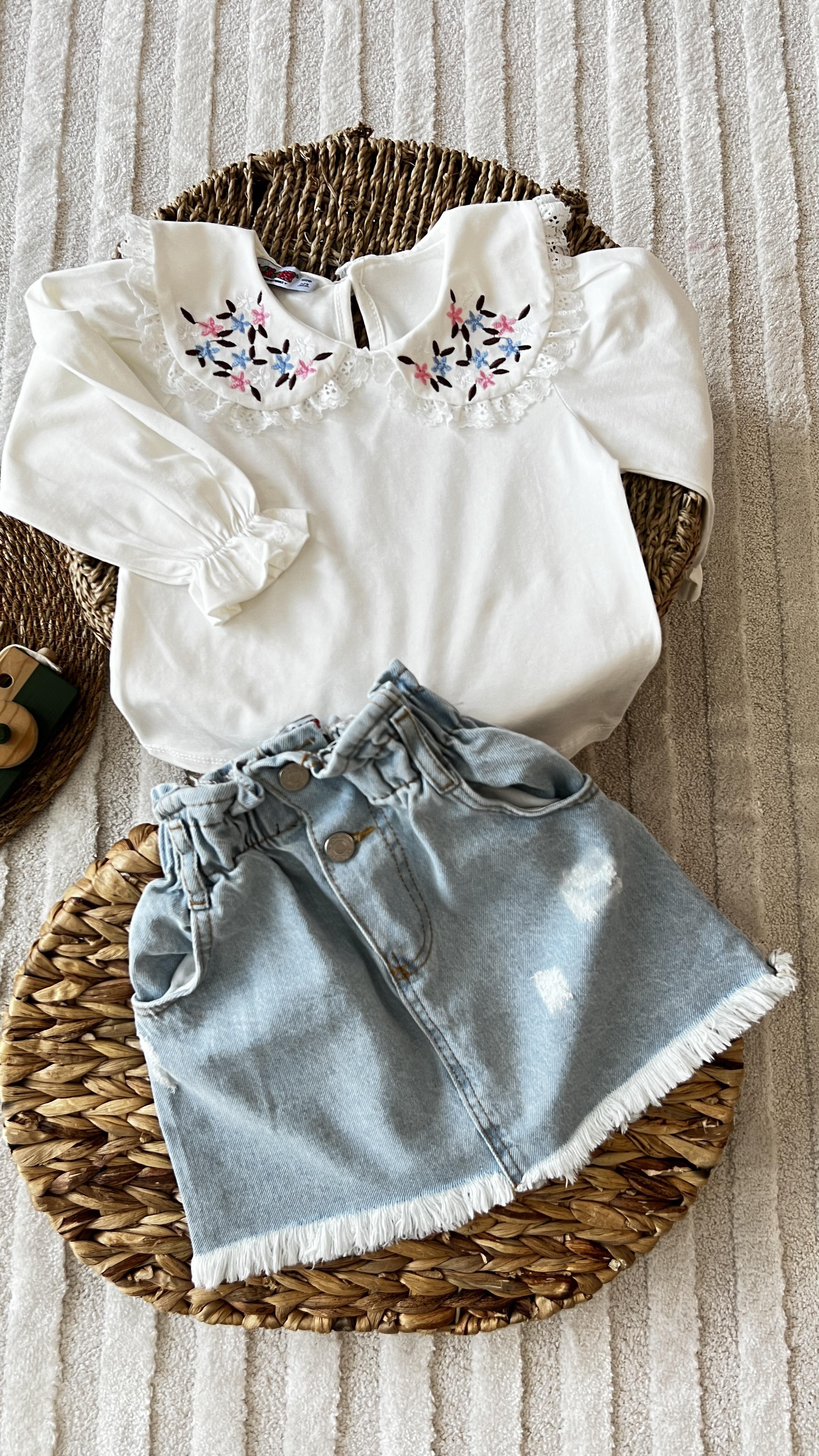 %100 pamuk bluz kot etek takım 