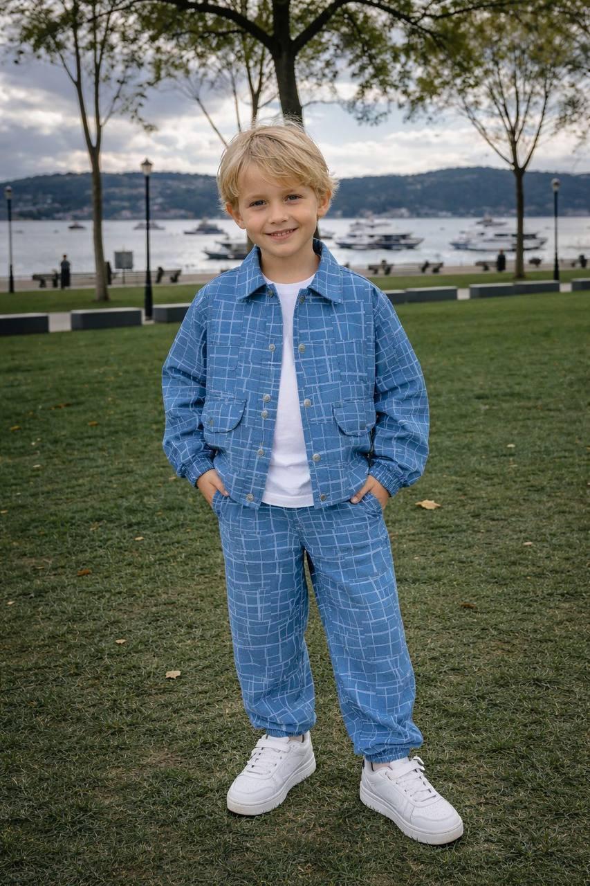 3 lü set tişört ceket pantolon mavi