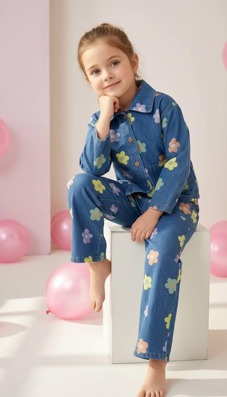 Çiçekli kot ceket takım