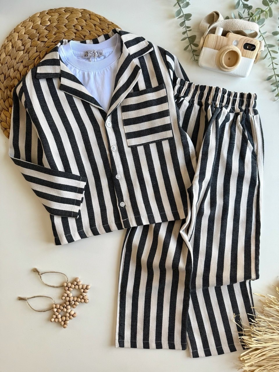 çizgili keten kumaş pijama takımı