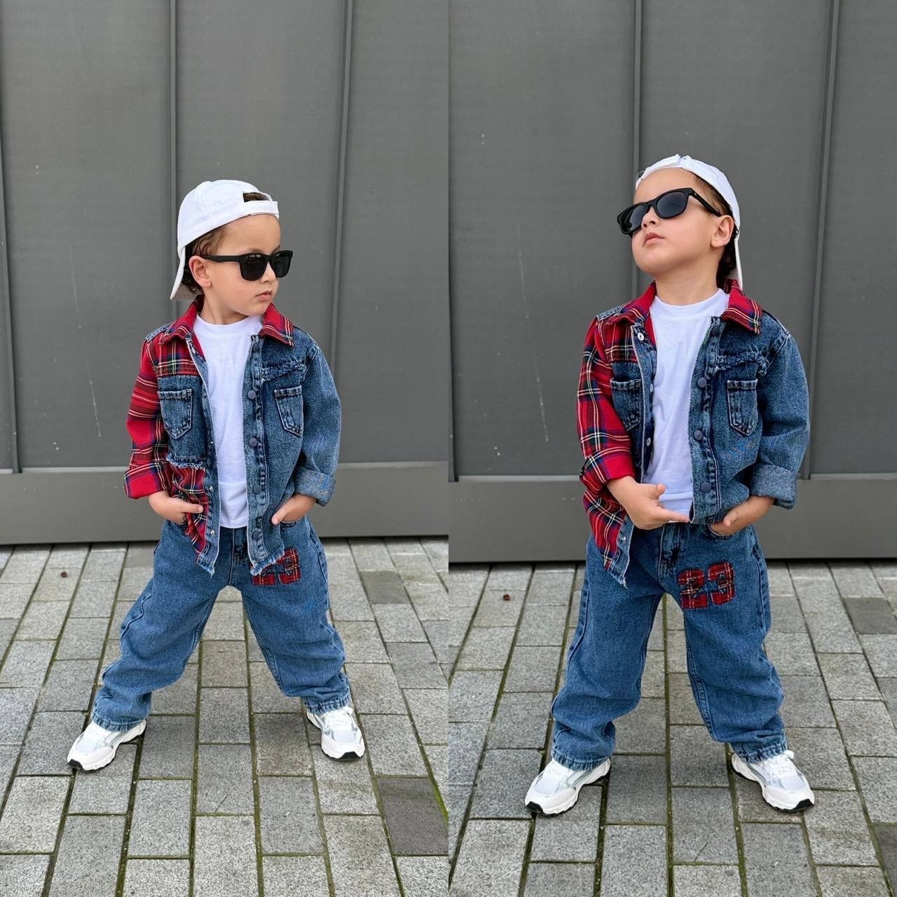 Ekoseli kot ceket jean takım mavi