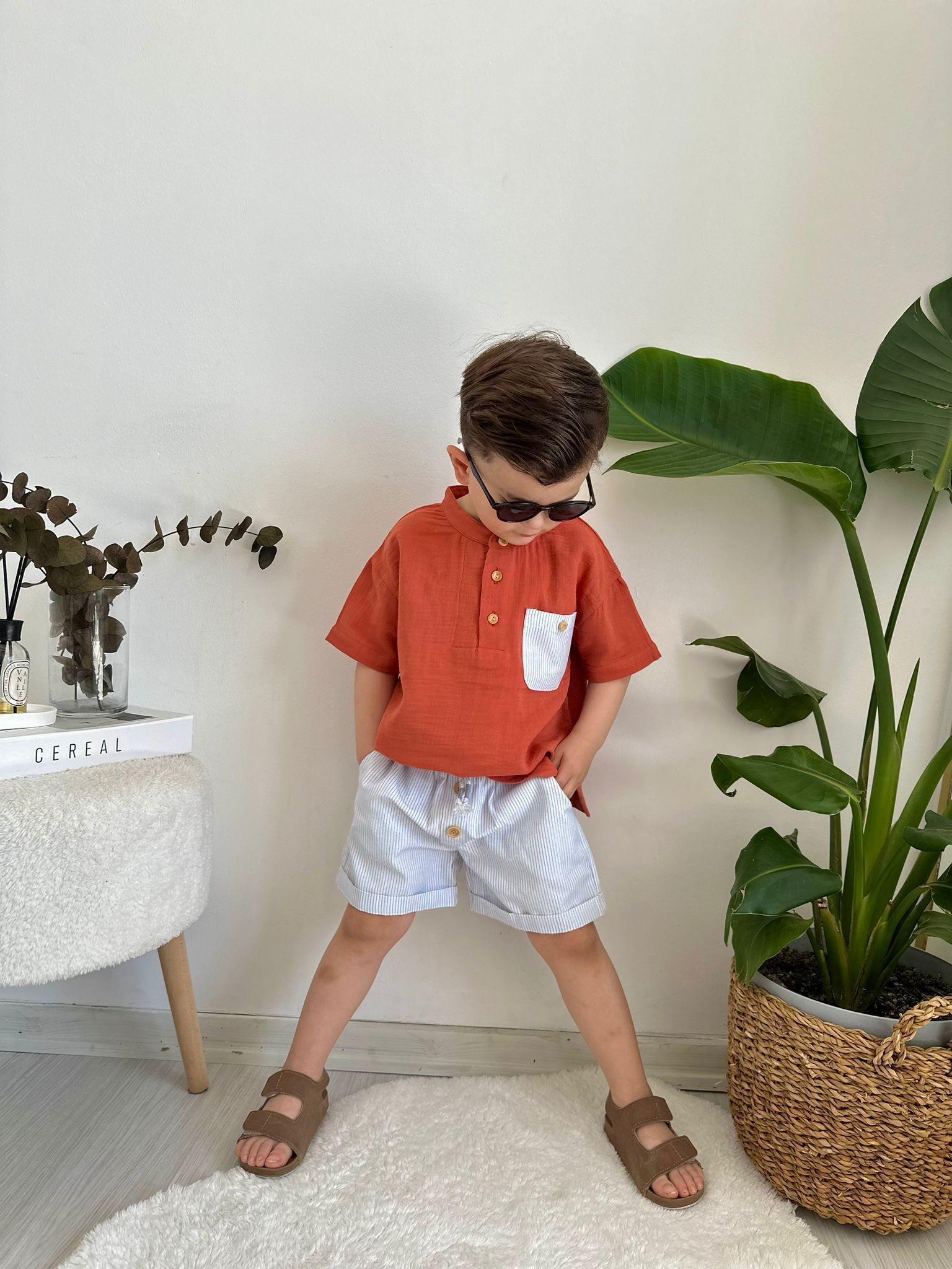 Gömlek şort takım çizgili 