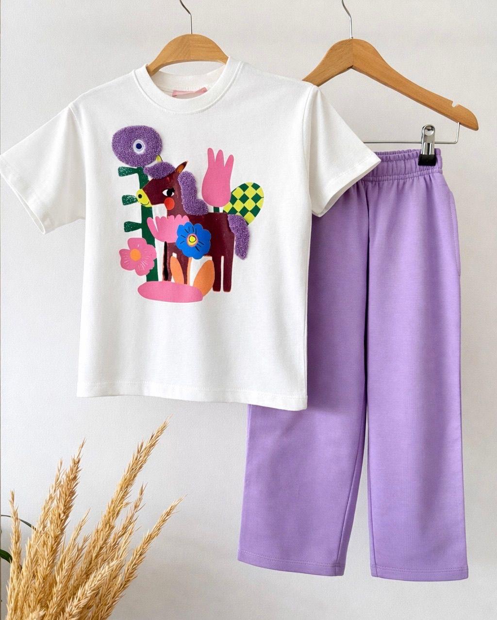 İşlemeli kız çocuk lila takım