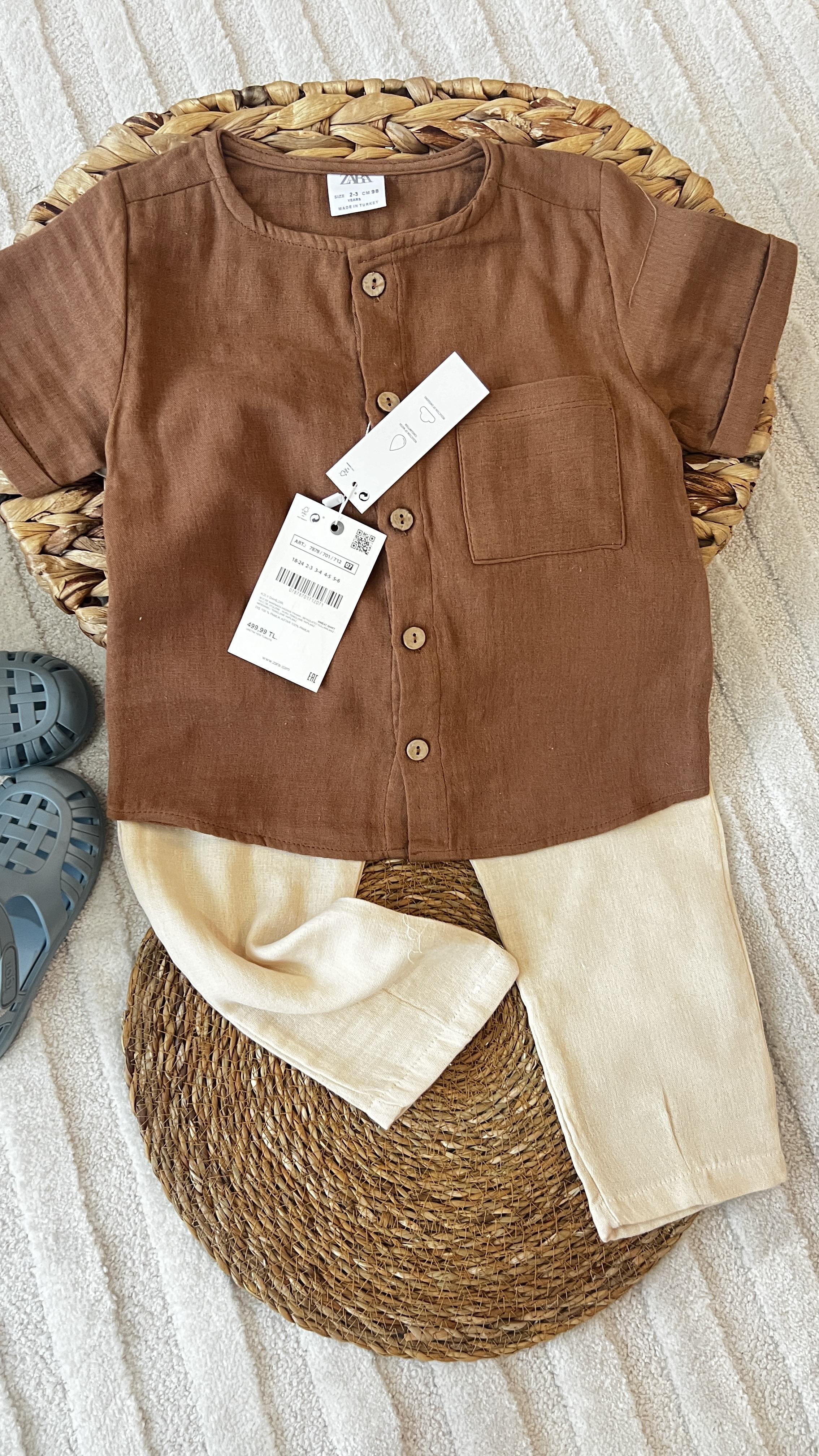 Kahve gömlek keten takım
