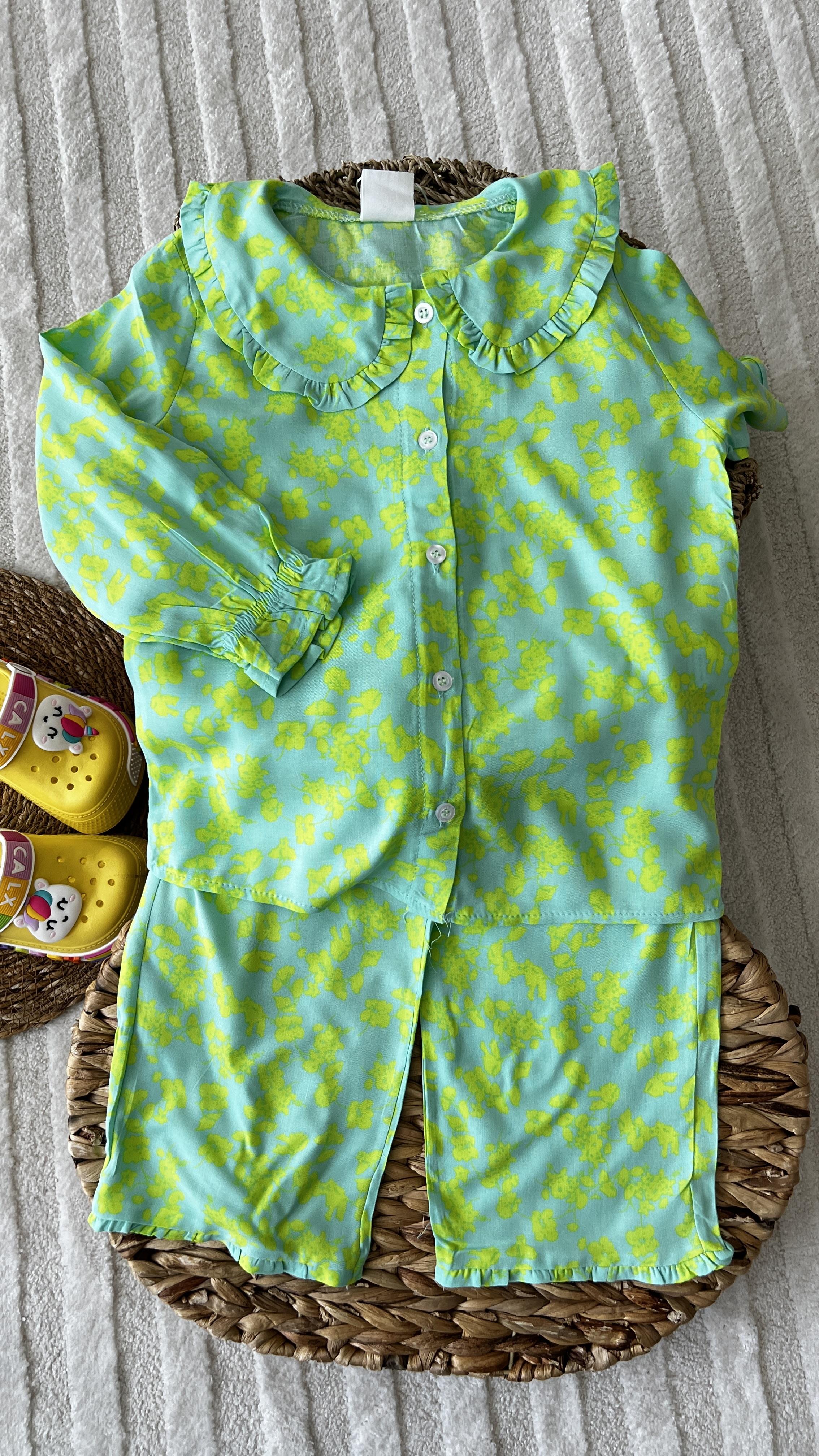 Kız çocuk yeşil sarı pijama takımı