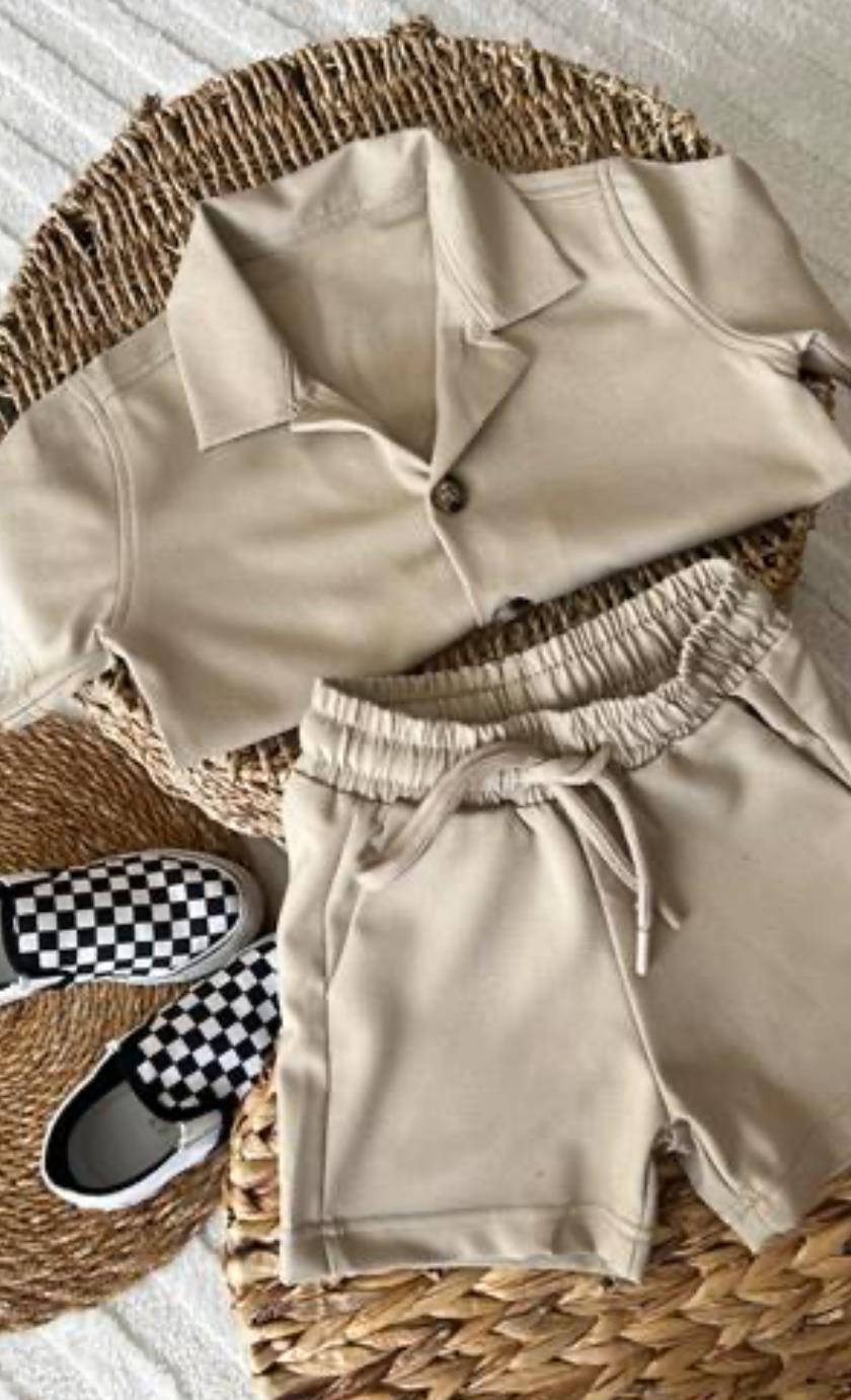 Krem bağcıklı kumaş takım