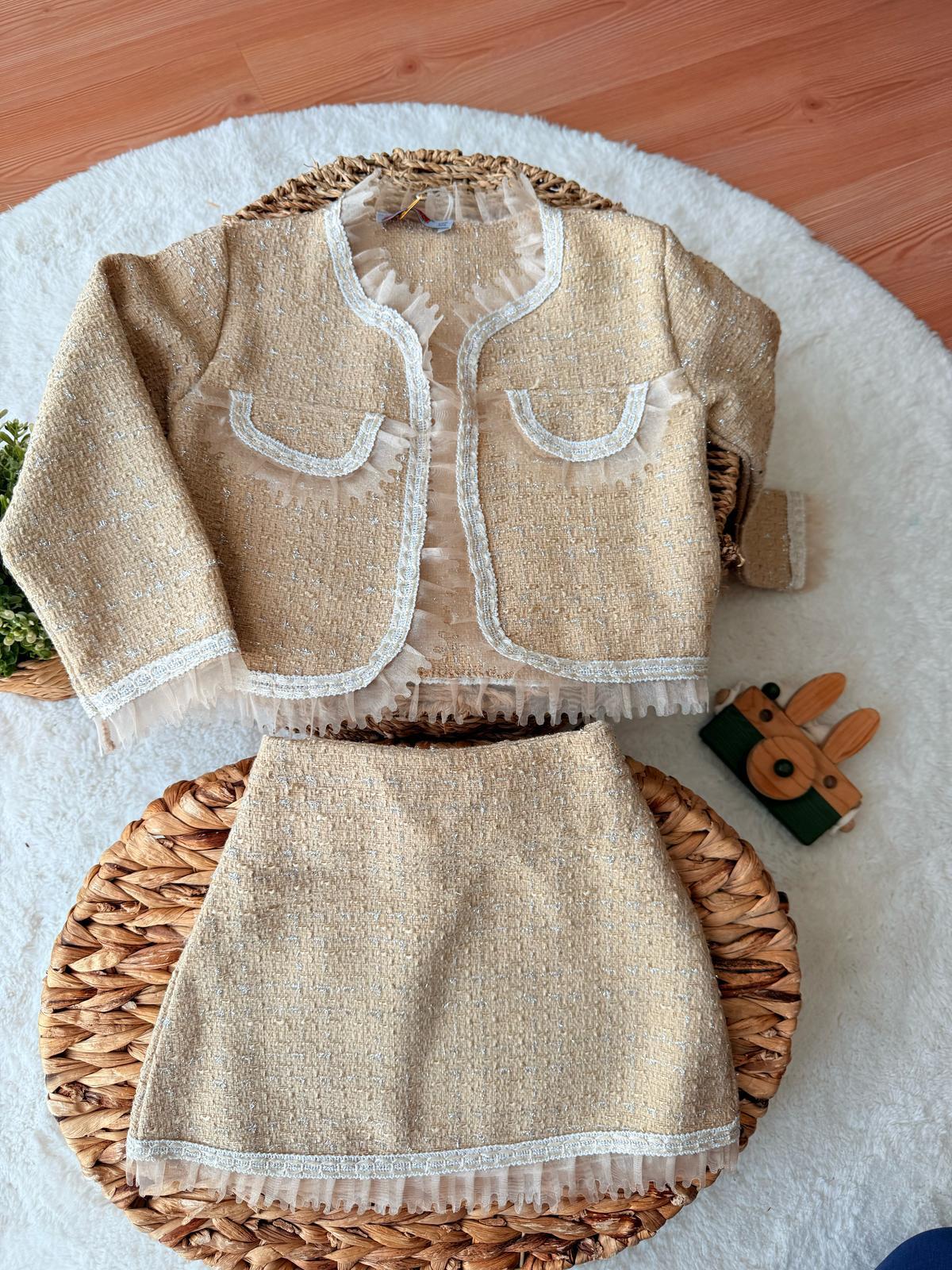 Krem tül detay etek takım 