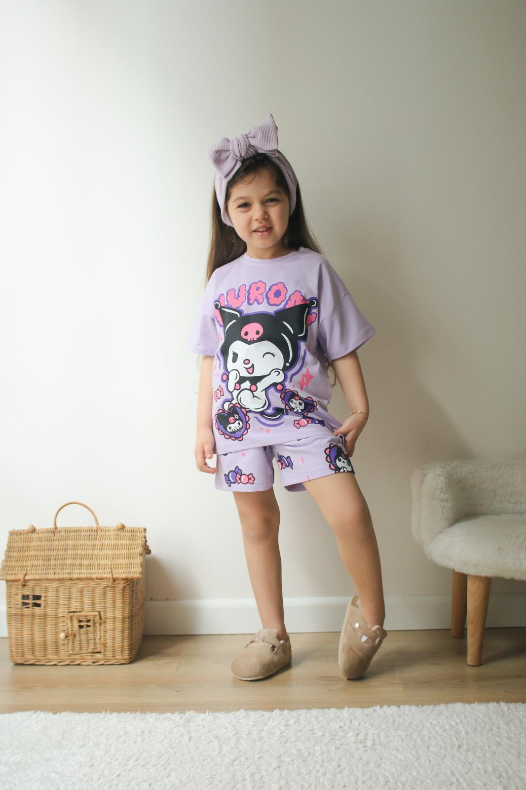 Kuromi baskılı lila şort takım 