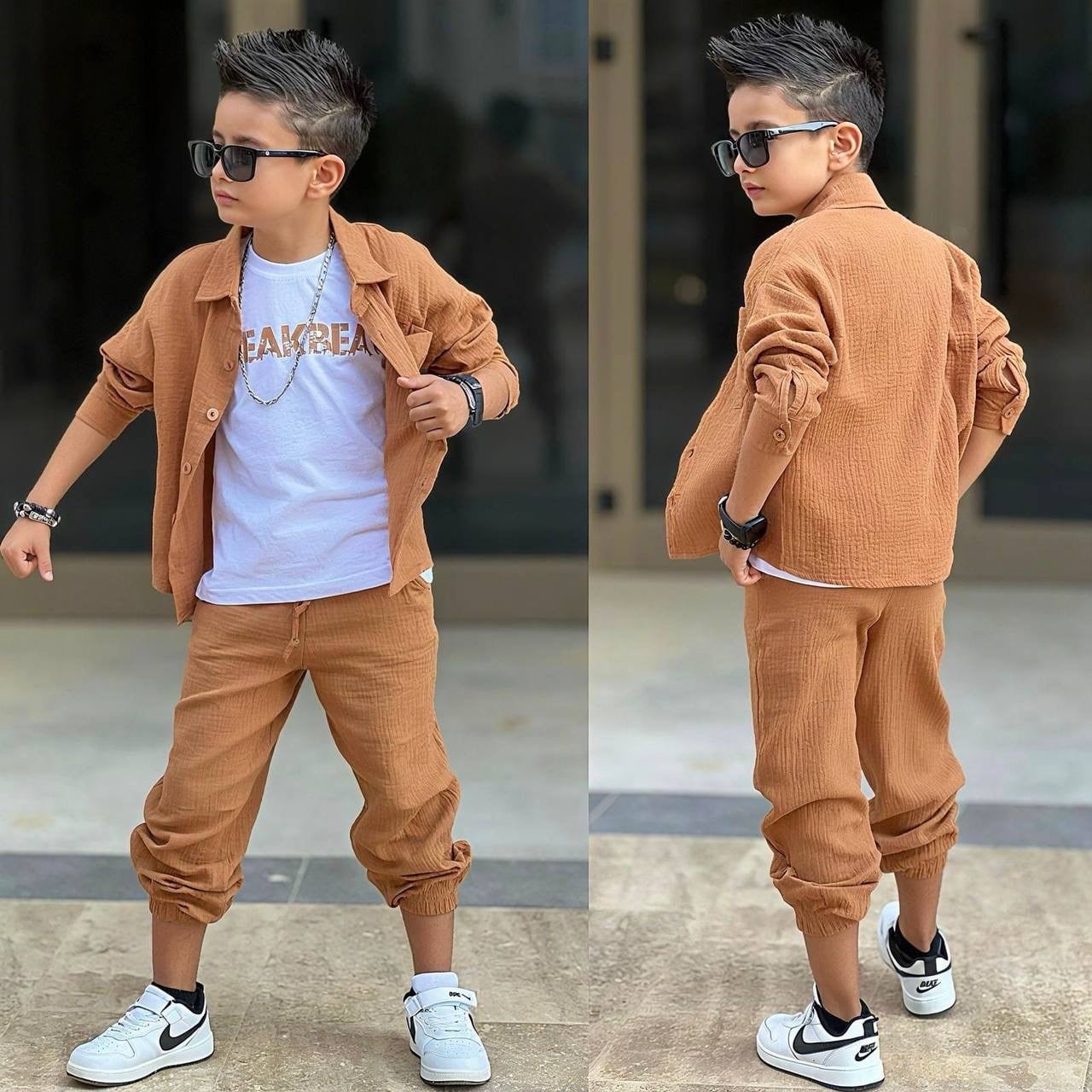 Müslin kahve gömlek takım