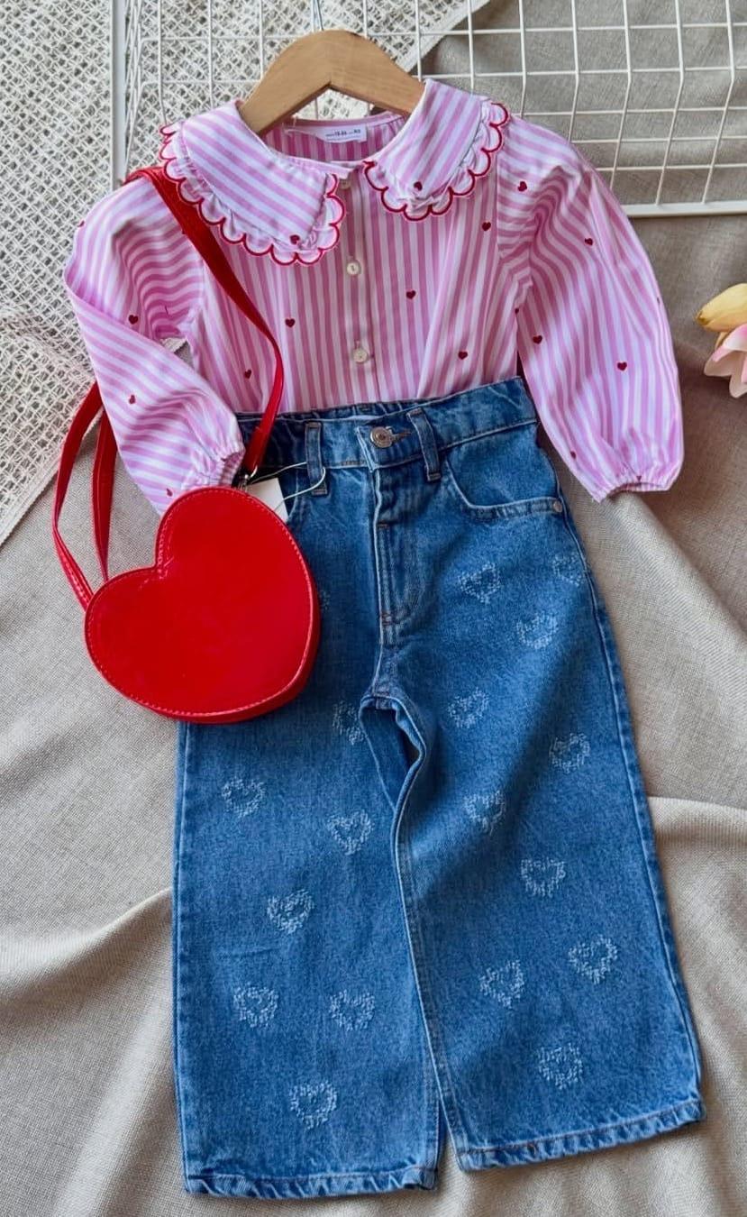 Pembe gömlek detay kız takım