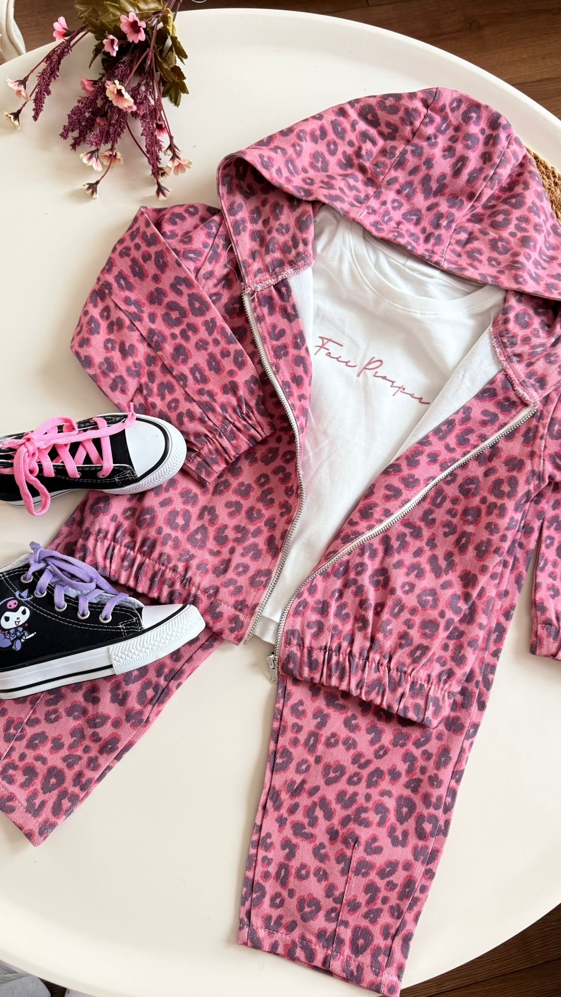 Pembe leopar kapşonlu ceket pantolon takım