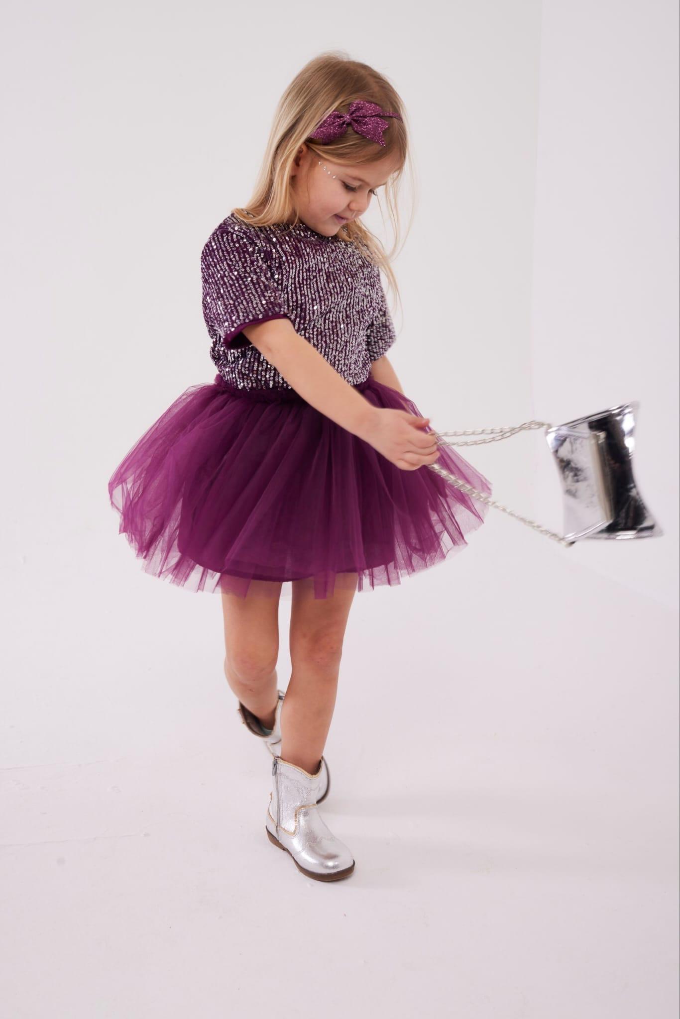 Üstü payetli tütü elbise mürdüm