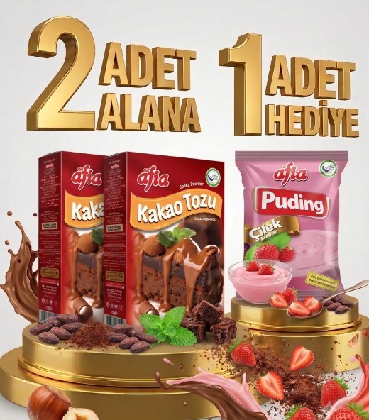 2 Adet Afia Kakao Tozu 2x50 Gr Alana 1 Adet Afia Çilekli Puding 115 Gr Hediye