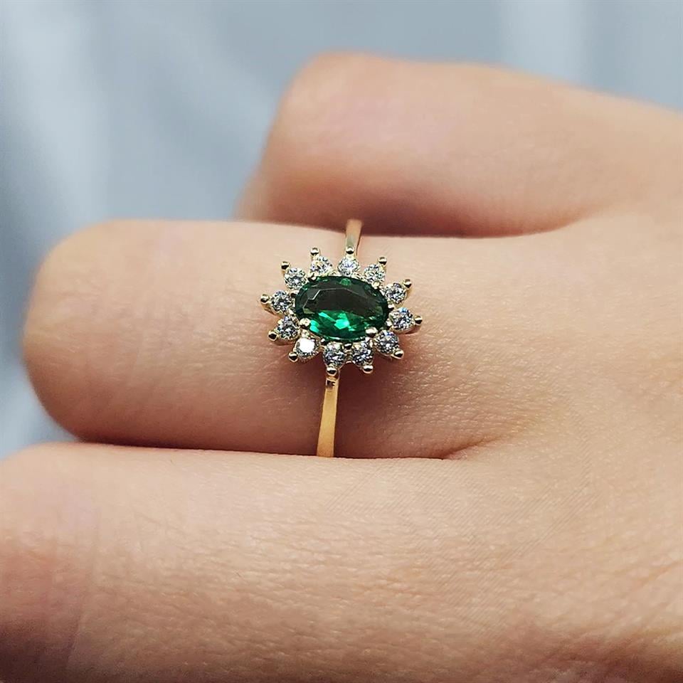 1.05 Karat Zümrüt Yeşili Taşlı 0.30Karat Pırlanta(Signty)Taşlı Vintage Tasarım 925 Ayar Gümüş Yüzük