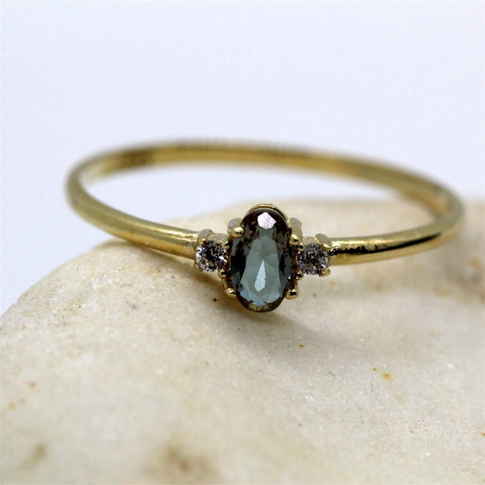 0.70 CT Zultanit 0.10 Pırlanta (Signity) Tria Evlilik Teklifi 925 Ayar Gümüş Yüzük-Hediye Gümüş Yüzük