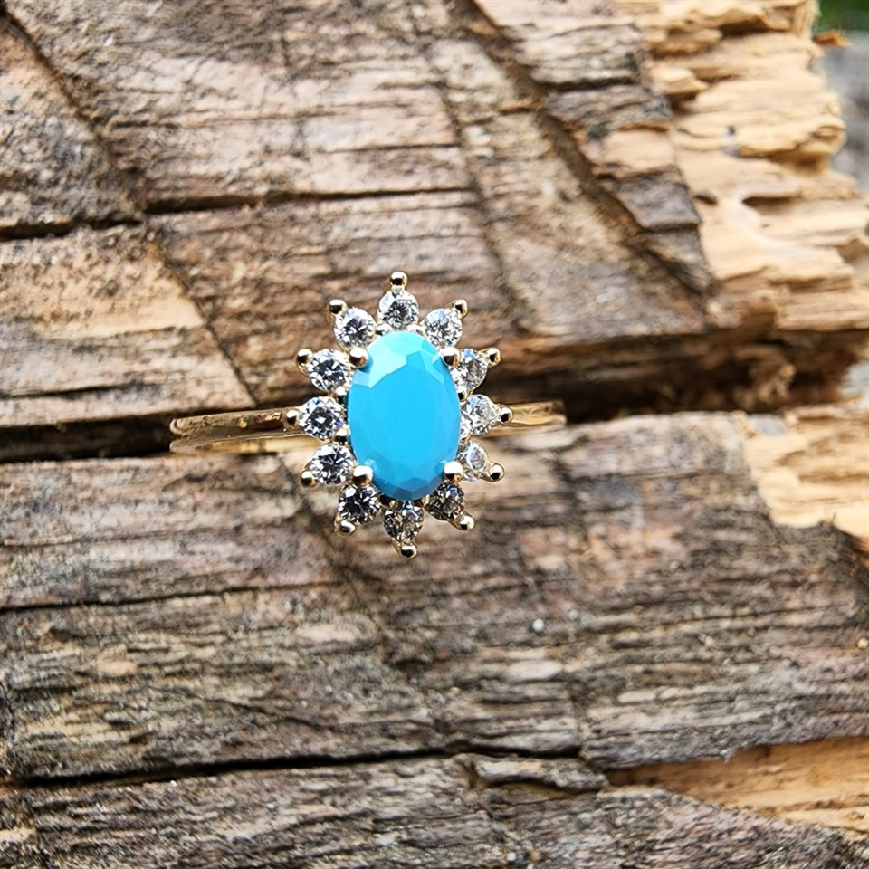 1,05 CT Firuze 0,30 CT Pırlanta (Signty) Taşlı Anturajlı Vintage Tasarım Modern 925 Ayar Gümüş Yüzük